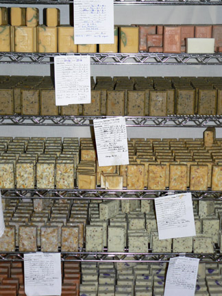 Cut bars of soap on the drying rack